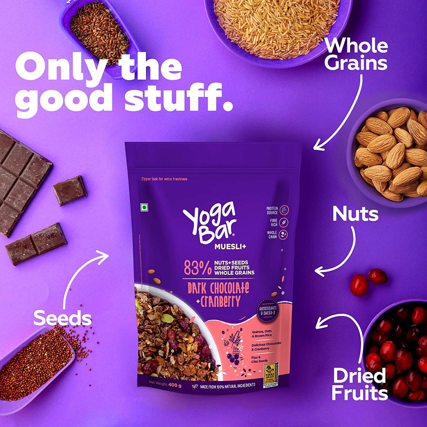 Combo of Dark Chocolate Peanut Butter - 400g + Dark Chocolate & Cranberries Wholegrain Muesli - 400g