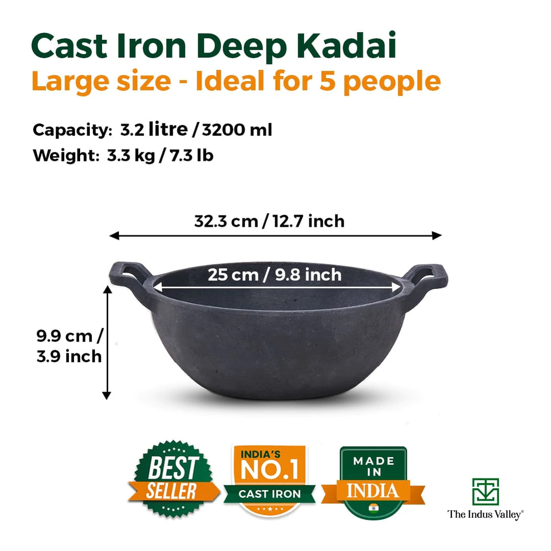 Cast Iron Deep Kadai - Induction Safe & Pre-seasoned