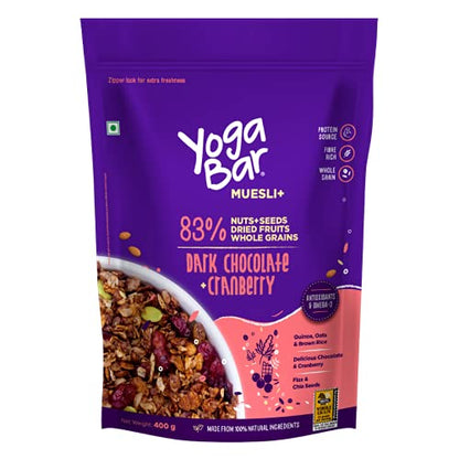 Combo of Dark Chocolate + Cranberries Wholegrain + Fruits, Nuts & Seeds + No Added Sugar Super Muesli - 400g