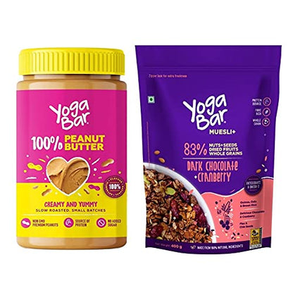 Combo of Dark Chocolate + Cranberries Wholegrain Muesli - 400g + 100% Peanut Butter - 400g