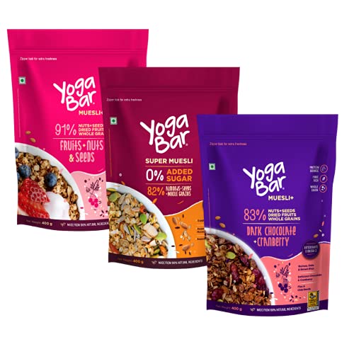 Combo of Dark Chocolate + Cranberries Wholegrain + Fruits, Nuts & Seeds + No Added Sugar Super Muesli - 400g