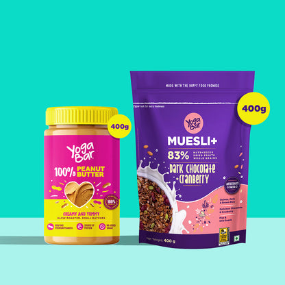 Combo of Dark Chocolate + Cranberries Wholegrain Muesli - 400g + 100% Peanut Butter - 400g