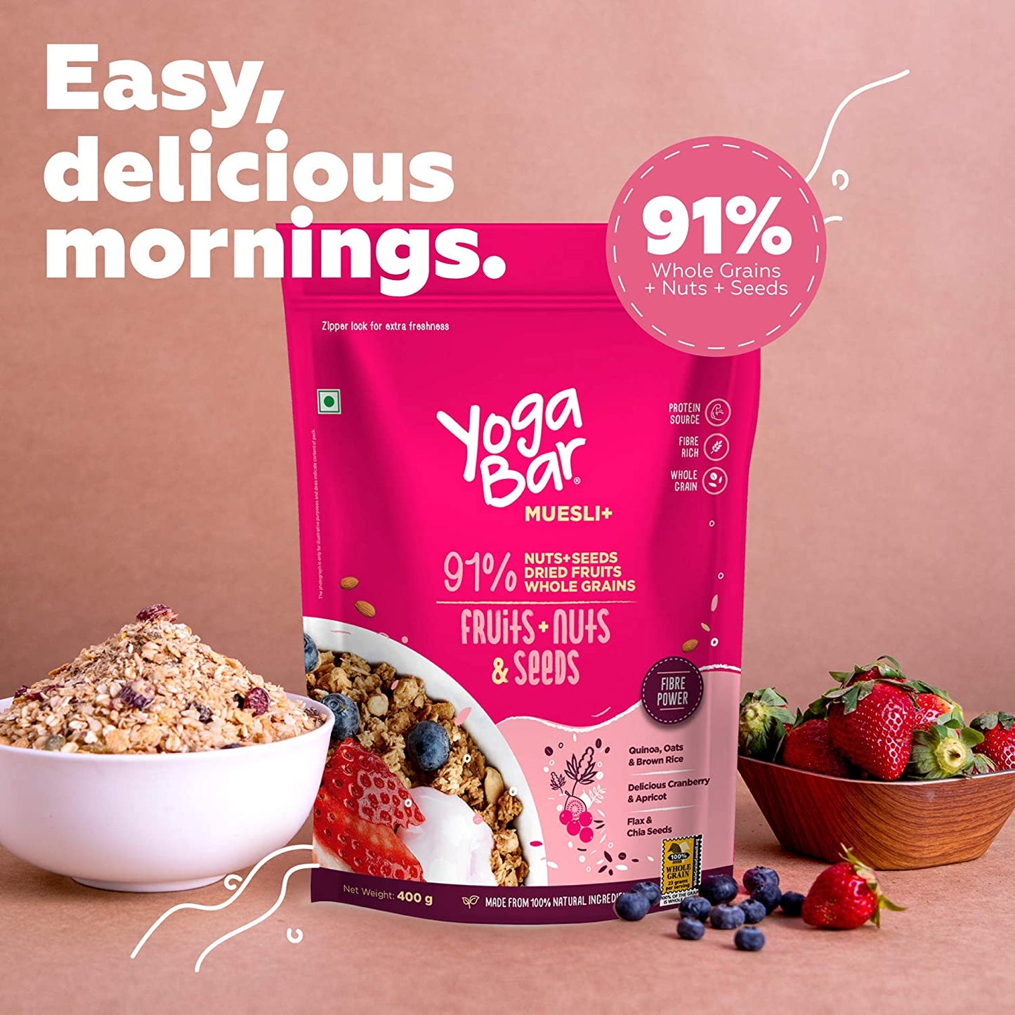 Combo of Dark Chocolate + Cranberries Wholegrain + Fruits, Nuts & Seeds + No Added Sugar Super Muesli - 400g