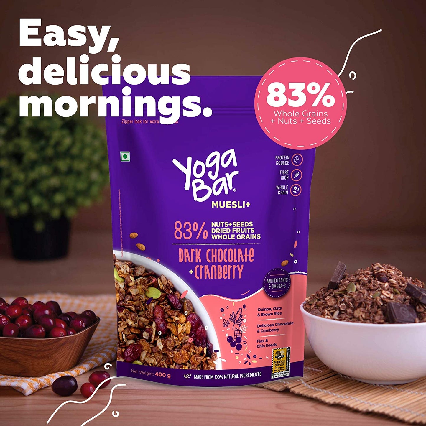 Combo of Dark Chocolate + Cranberries Wholegrain + Fruits, Nuts & Seeds + No Added Sugar Super Muesli - 400g