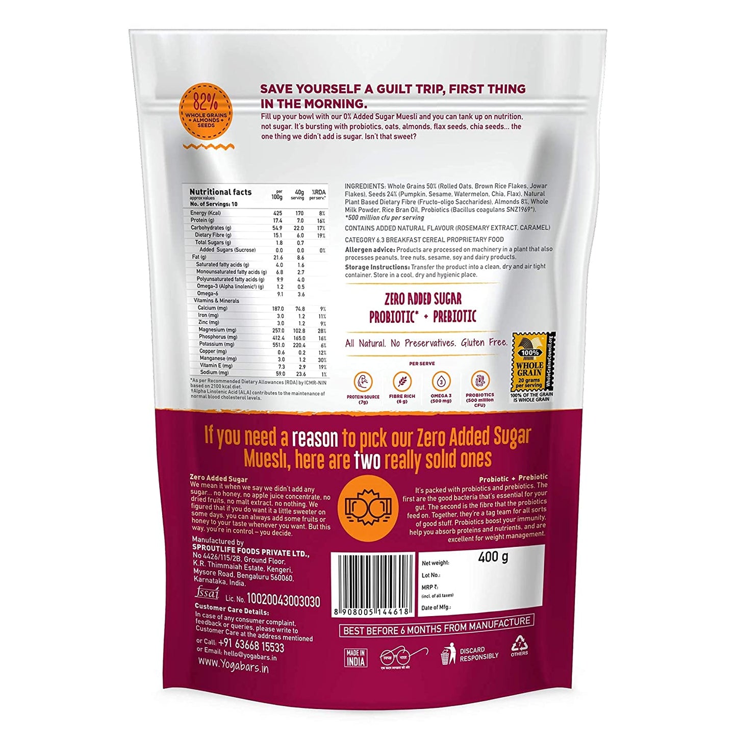 Combo of Dark Chocolate + Cranberries Wholegrain + Fruits, Nuts & Seeds + No Added Sugar Super Muesli - 400g