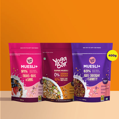 Combo of Dark Chocolate + Cranberries Wholegrain + Fruits, Nuts & Seeds + No Added Sugar Super Muesli - 400g