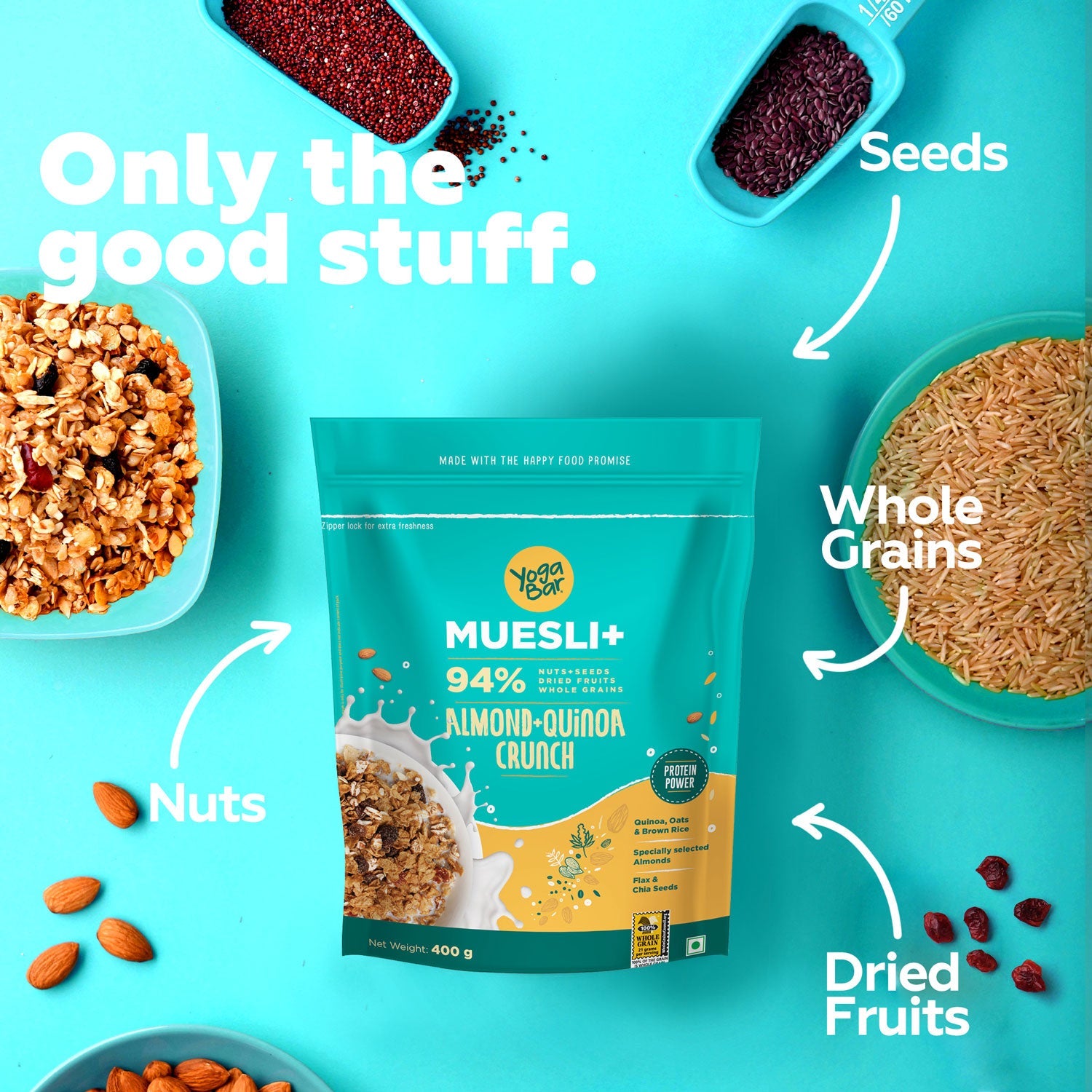 Yogabar Wholegrain Breakfast Muesli - Almond + Quinoa Crunch, 400g :  : Grocery & Gourmet Foods